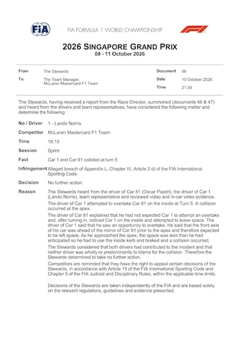 Documento impreso en inglés de la FIA con el título del Gran Premio de Singapur 2026 y texto sobre una decisión de los comisarios