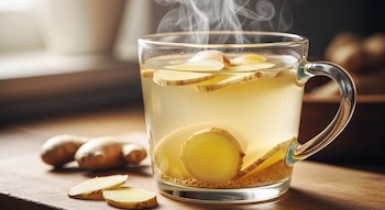 Una taza de vidrio transparente contiene una humeante infusión de jengibre con varias rodajas de jengibre fresco. Al lado, raíces de jengibre enteras y en rodajas.