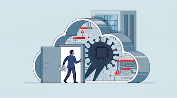Ilustración plana de un hombre entrando por una puerta abierta en una estructura de nube/edificio, con un chip, circuitos, ventanas de error y una gran sombra de virus digital dentro.