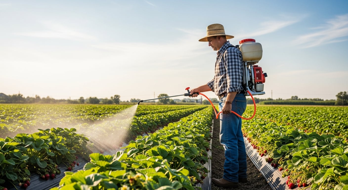 Un agricultor con sombrero de paja rocía con pesticidas una extensa plantación de fresas bajo un cielo despejado, aplicando el tratamiento directamente sobre las hileras de cultivos. (Imagen Ilustrativa Infobae)