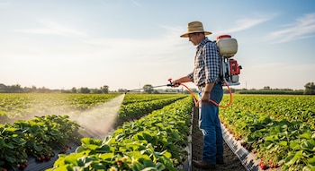 Un hombre con sombrero de paja y mochila pulverizadora rocía un campo de fresas. Se ven hileras de plantas verdes con frutos rojos bajo un cielo azul.