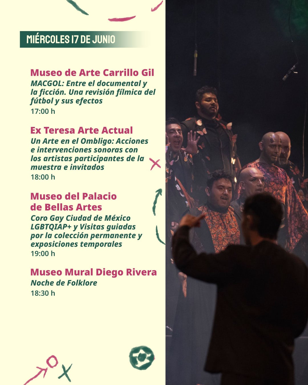 Ex Teresa Arte Actual presenta a las 18:00 h Un Arte en el Ombligo, con acciones e intervenciones sonoras de los artistas de la muestra y artistas invitados. El Museo Tamayo ofrece visitas guiadas a las 18:00 y 19:00 h. (Noche de Museos/INBAL)