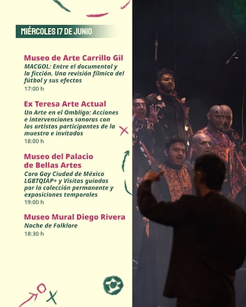 Captura de pantalla que muestra un listado de eventos culturales a la izquierda y, a la derecha, una actuación con varios artistas en escena