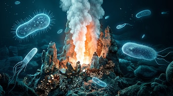 Ilustración de una fumarola hidrotermal eruptando calor naranja y humo blanco en el fondo marino, rodeada de depósitos minerales y microorganismos azules bioluminiscentes.