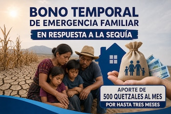Un afiche con texto sobre un bono de emergencia muestra a una familia sentada en suelo árido junto a una mano que sostiene dinero y un saco.