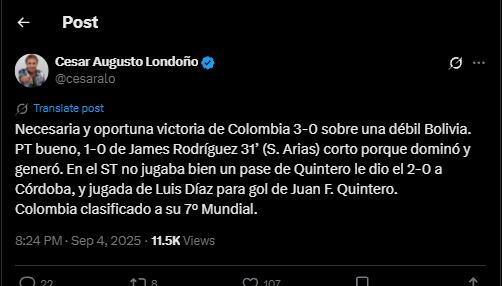 El actual director de El Pulso del Fútbol afirmó que la victoria de Colombia llegó en un momento oportuno - crédito @cesaralo / X