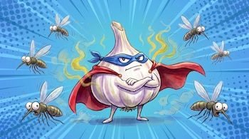 Ilustración de un ajo caricaturizado como superhéroe con antifaz azul y capa roja, ahuyentando a seis mosquitos asustados con su olor. Fondo azul.