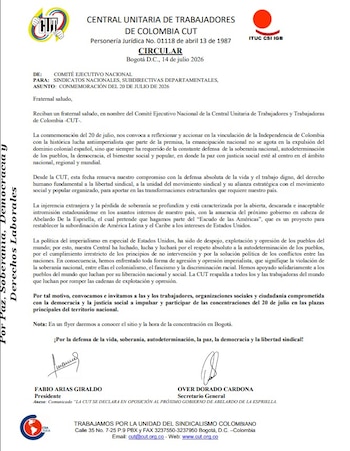 La central sindical llamó a llenar plazas del país por democracia, soberanía y reformas sociales, mientras en Bogotá aún faltan por conocerse la hora y el sitio de la concentración - crédito CUT/Fecode/X