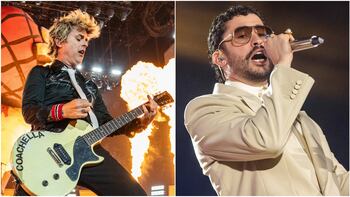 Bad Bunny y Green Day en el escenario del Super Bowl durante un ensayo