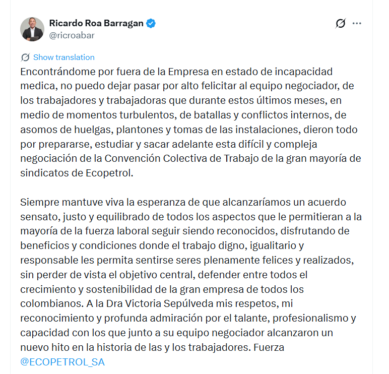 El directivo aseguró que mantuvo la expectativa de que las partes lograran un acuerdo que permitiera preservar beneficios y condiciones laborales para la mayoría de los trabajadores - crédito @ricroabar/X