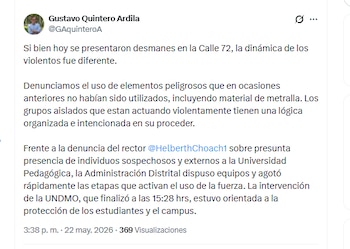 El secretario de Gobierno de Bogotá, Gustavo Quintero Ardila, denunció uso de elementos peligrosos por parte de encapuchados, que en ocasiones anteriores no habían sido utilizados - crédito @GAquinteroA/X