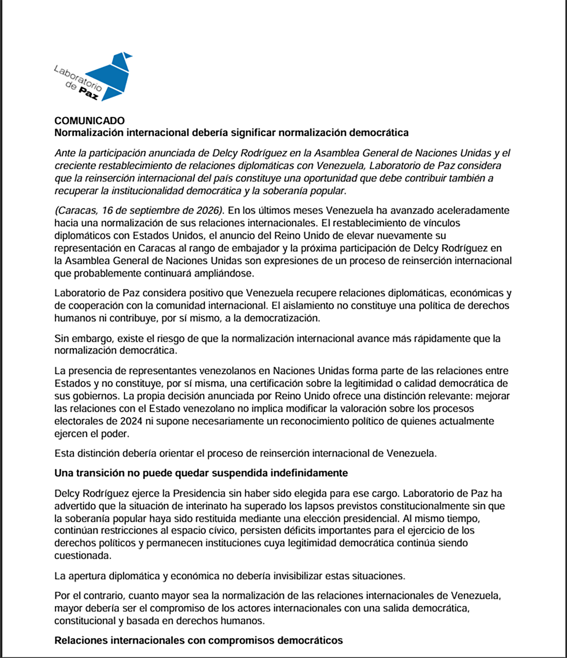 Laboratorio de Paz solicita que normalizar las relaciones internacionales sea para recuperar la institucionalidad democrática