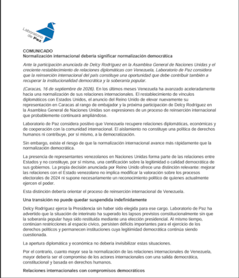 Documento en texto negro sobre fondo blanco con el logotipo azul de Laboratorio de Paz y un comunicado sobre la situación en Venezuela