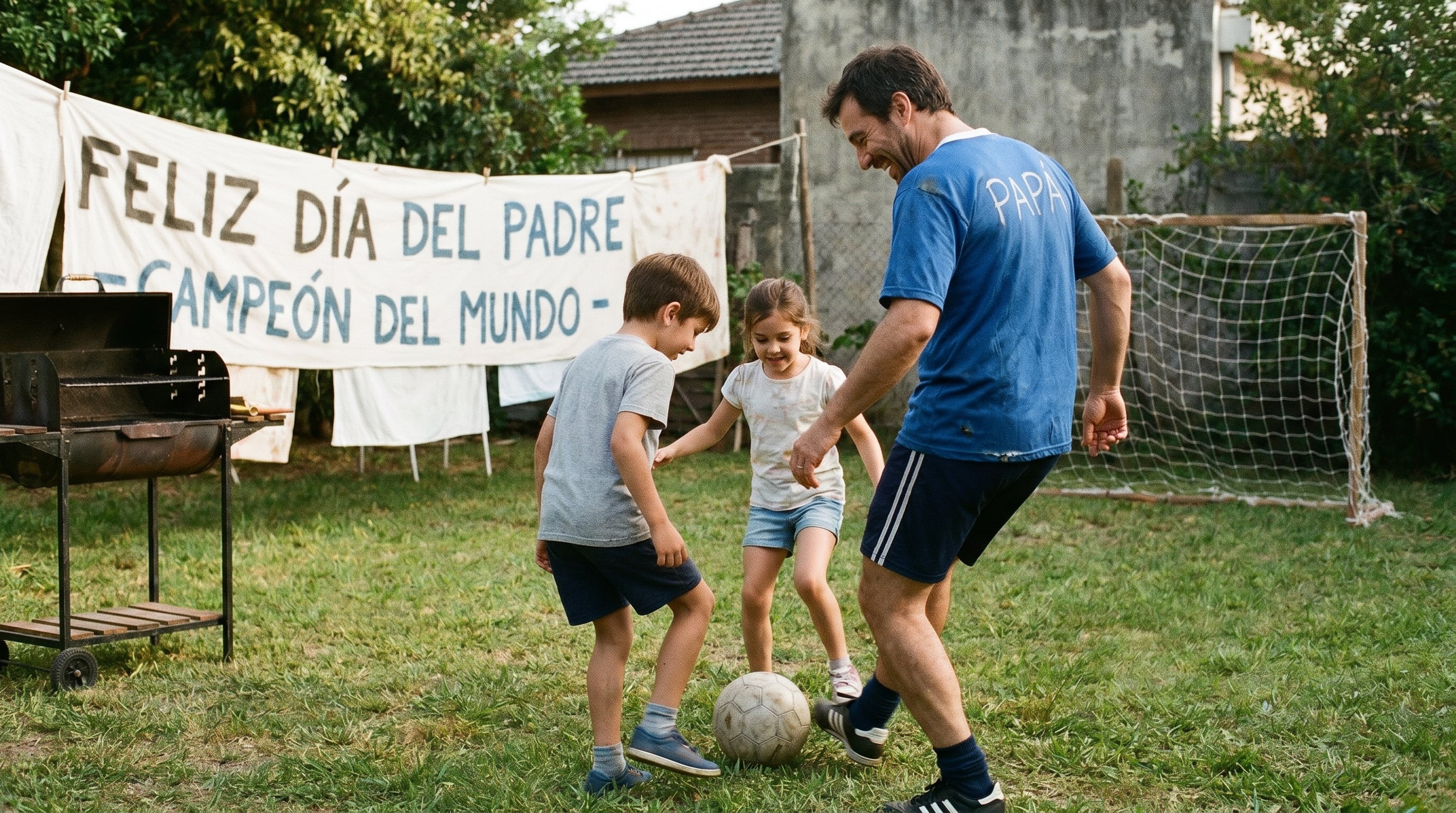 Un padre feliz juega al fútbol con sus dos hijos en el jardín de su casa, celebrando el Día del Padre con un toque de orgullo de campeón mundial en el ambiente festivo familiar. (Imagen Ilustrativa Infobae)