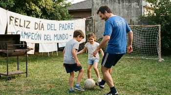 Padre y dos hijos, un niño y una niña, jugando al fútbol en un jardín. Al fondo, un cartel dice 'FELIZ DÍA DEL PADRE CAMPEÓN DEL MUNDO'.