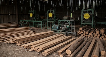 Aserradero clandestino con pilas de tablones de madera, troncos, sierras industriales verdes, motores, carretillas y sellos amarillos de incautación.