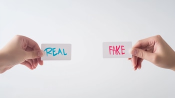 Dos manos enfrentadas sostienen cartles de "Real" y "Fake" respectivamente - (Imagen Ilustrativa Infobae)