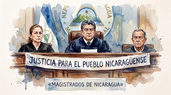 Ilustración a la acuarela de tres magistrados tras un estrado con el escudo de Nicaragua y carteles con texto en español.