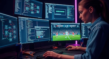Una mujer joven con camisa de jean sentada frente a seis monitores de computadora, mostrando código, diagramas, un partido de fútbol en vivo y el texto "ACCESS GRANTED".