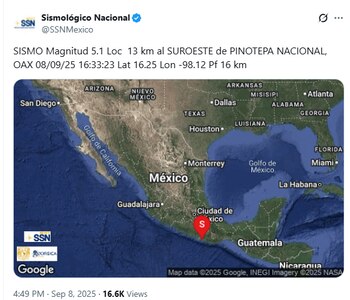 El movimiento telúrico ocurrió la tarde de este lunes 8 de septiembre. Foto: X/@SSNMexico.