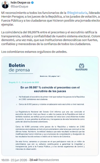 Iván Duque destacó transparencia y solidez del sistema electoral tras coincidencia entre preconteo y escrutinio - crédito @IvanDuque/X