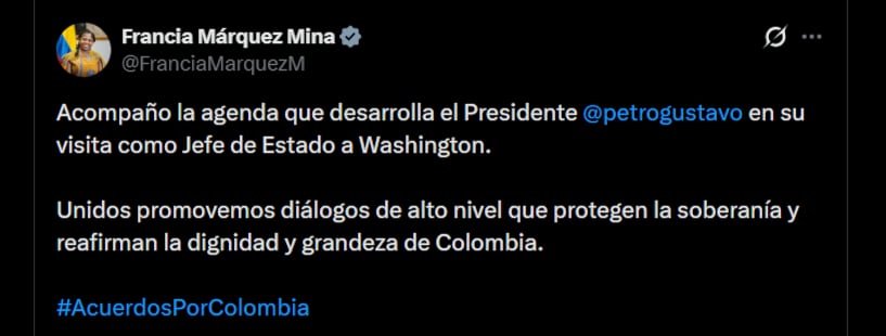 Mensaje de Francia Márquez en apoyo a Gustavo Petro - crédito @FranciaMarquezM/X