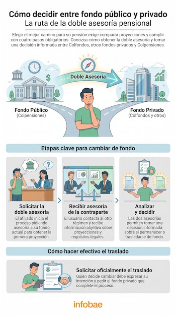 Diagrama ilustrativo de la doble asesoría pensional mostrando a una persona en una encrucijada entre fondo público y privado, con los cuatro pasos del proceso.