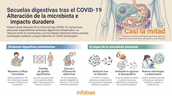 Infografía sobre secuelas digestivas del COVID-19. Muestra sistema digestivo, microorganismos, íconos de síntomas (náuseas, pérdida apetito, diarrea) y tratamiento.