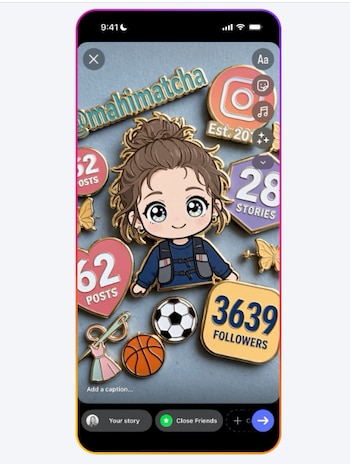 Colección de pines esmaltados en pantalla de teléfono móvil, con personaje de caricatura, logo de Instagram, nombre de usuario, métricas, deportes y moda