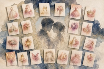 Tarjetas con motivos de bodas y quinceañeras rodean la silueta de una pareja en acuarela sobre un fondo con manchas azules y neutras.