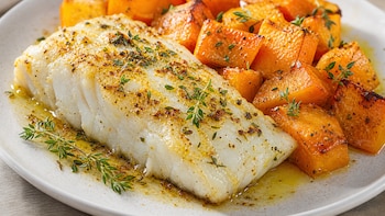 Receta de merluza al horno con calabaza asada, rápida y fácil