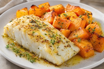Filete de pescado horneado con hierbas y trozos de calabaza asada servidos en un plato blanco.