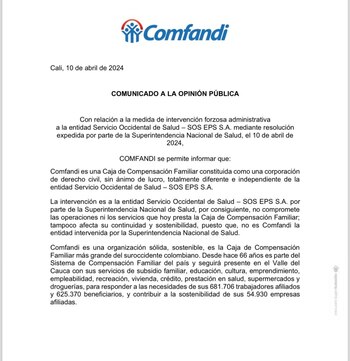 Comfandi se pronunció tras intervención