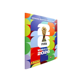 Álbum de figuritas Panini para el Mundial 2026 con diseño geométrico multicolor, el trofeo de la Copa del Mundo y el logo de Panini