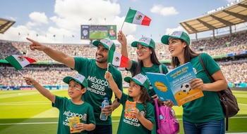 Una familia mexicana de cuatro personas en un estadio de fútbol, todos con camisetas y gorras del Mundial 2026, agitando banderas de México y sonriendo.