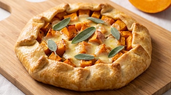 Tarta artesanal rellena de dados de calabaza, queso provoleta derretido y hojas de salvia sobre una tabla de madera.