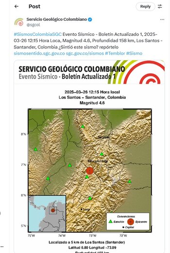 Servicio Geológico Colombiano informó de