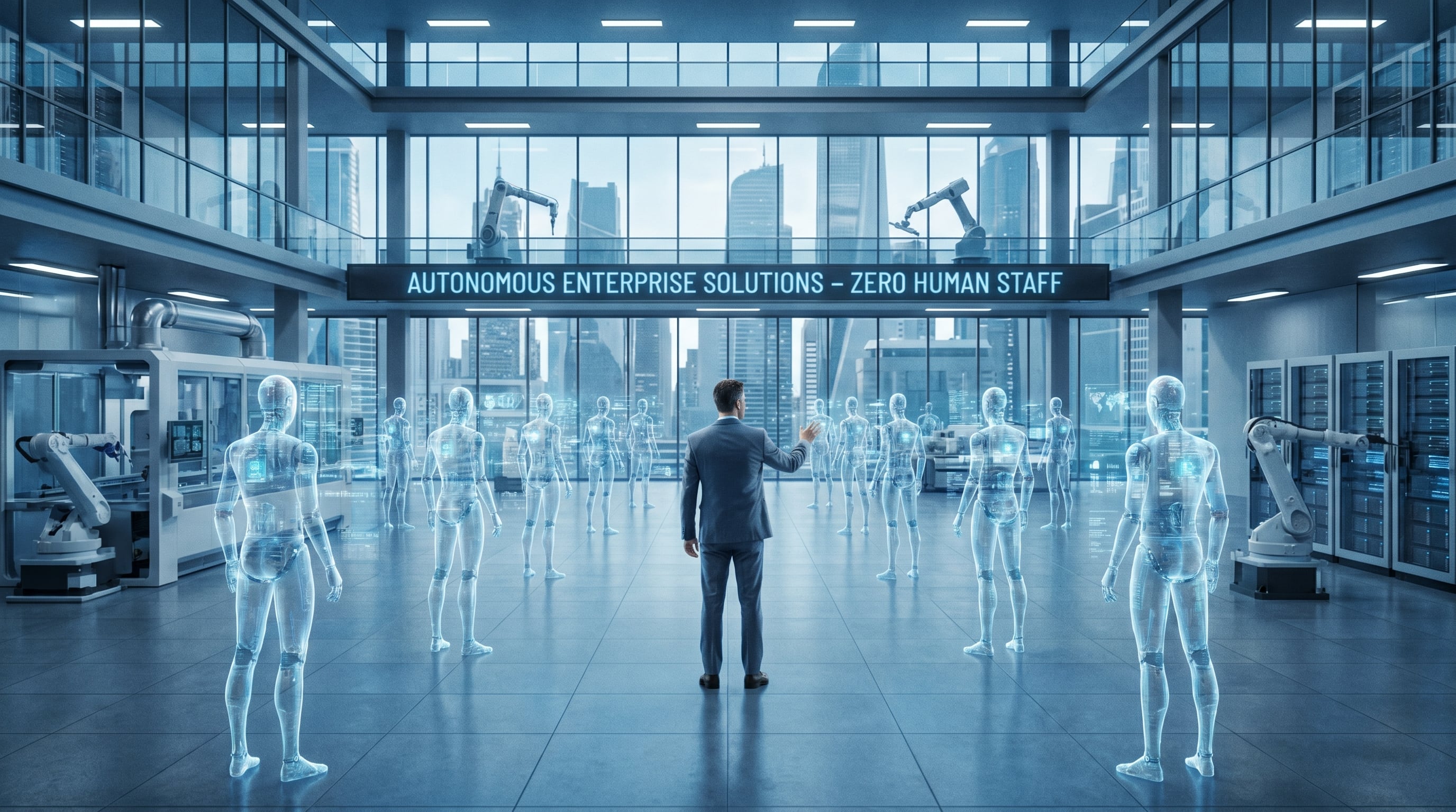 Un ejecutivo supervisa su empresa futurista con decenas de asistentes de inteligencia artificial proyectados como hologramas, simbolizando la automatización total del personal en un entorno corporativo de alta tecnología. (Imagen Ilustrativa Infobae)