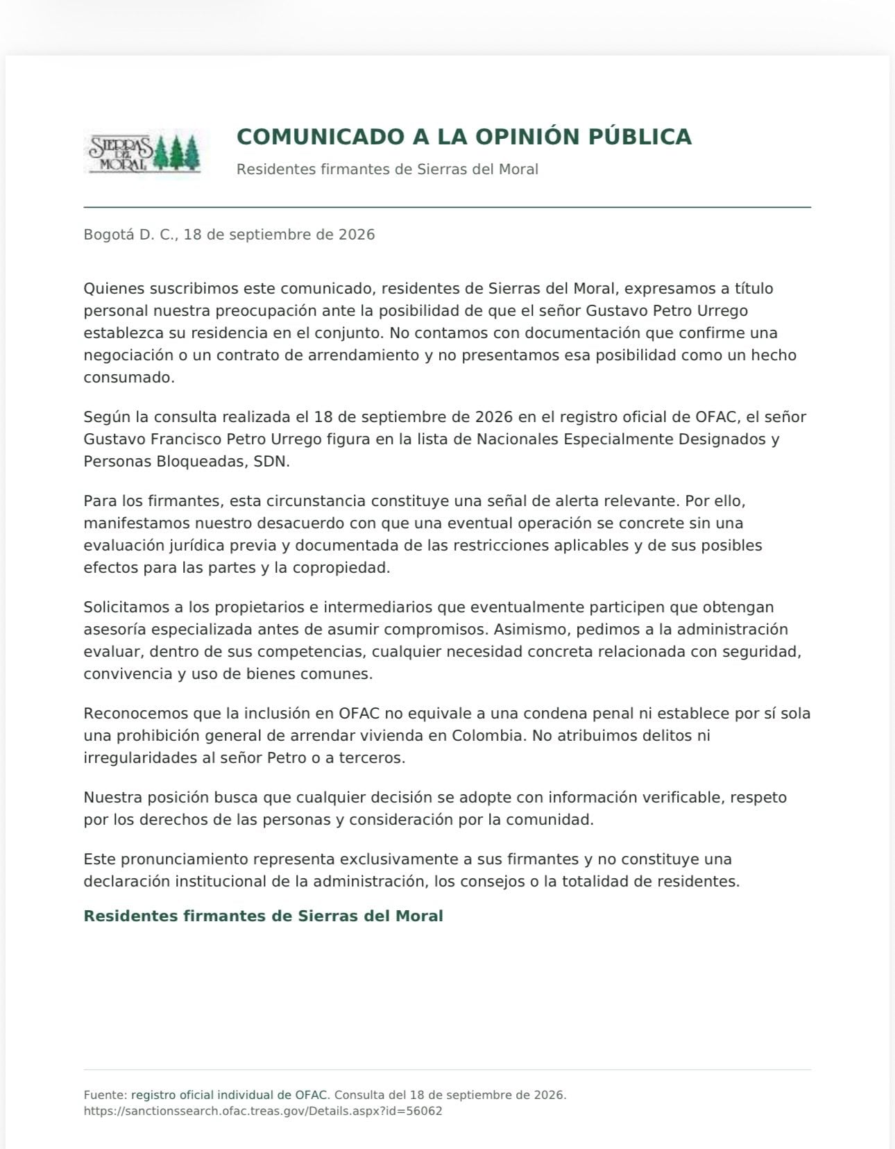 Esta es la carta de los vecinos del conjunto Sierras del Moral sobre la posible llegada del expresidente Gustavo Petro a su residencia - crédito @darcyquinnr/x