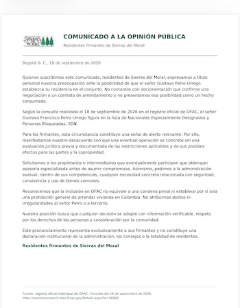 Esta es la carta de los vecinos del conjunto Sierras del Moral sobre la posible llegada del expresidente Gustavo Petro a su residencia - crédito @darcyquinnr/x