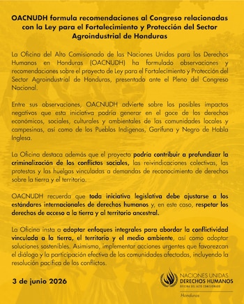La oficina de la ONU alertó que la normativa podría profundizar la criminalización de conflictos sociales vinculados al acceso a la tierra y al territorio en Honduras.