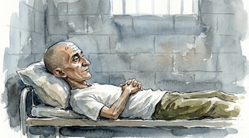 Caricatura acuarelada de José Vladimir Cisneros 'Viejo Lin' acostado de perfil en una cama. Cabeza rapada con tatuaje en la frente, manos cruzadas. Fondo de pared de bloques gris y ventana alta.