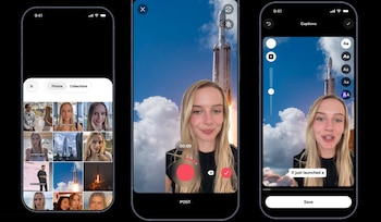Pantalla de smartphone con tres vistas de una aplicación de edición de video. Muestra una galería de imágenes, una mujer con fondo de cohete y opciones de subtítulos