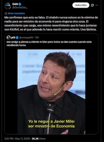 Captura de pantalla de un post en X. Incluye un video de un hombre hablando con el subtítulo amarillo: 'Yo le negué a Javier Milei ser ministro de Economía'