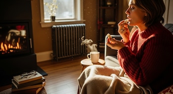 Mujer de perfil en un suéter rojo aplicando bálsamo labial en un sofá, con una chimenea encendida y un radiador al fondo, bajo la luz del sol invernal.