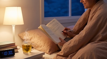 Una mujer en la cama escribe en un cuaderno, junto a una lámpara encendida, una taza de té caliente y un reloj digital que marca las 10:30 PM en la mesita de noche.