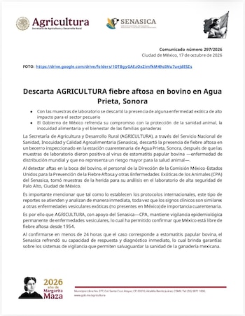 La Senasica explica la situación. | @SENASICA