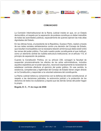 La Comisión Interinstitucional reiteró la importancia de respetar la autonomía judicial y la separación de poderes. - crédito Rama Judicial