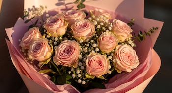 Primer plano de un ramo de rosas rosadas suaves y gypsophila, envuelto en papel de seda de tonos pastel, con luz cálida del atardecer.