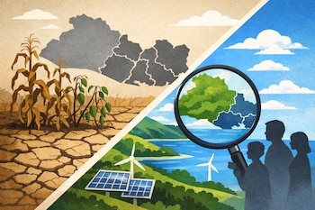 Ilustración con tierra seca y cultivos marchitos, mapa de El Salvador. A la derecha, paisaje verde con lago, paneles solares, molinos de viento, lupa y personas.